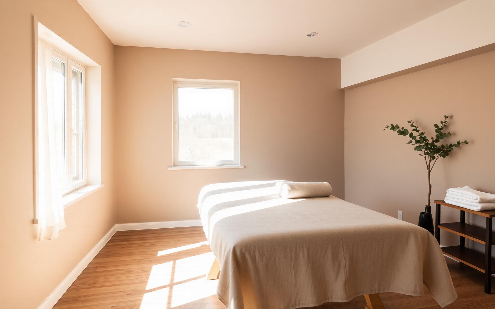 Roligt massagerum med behandlingsbriks